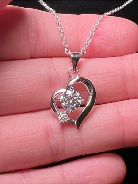 Moissanite Heart Pendant on Sterling Silver Chain